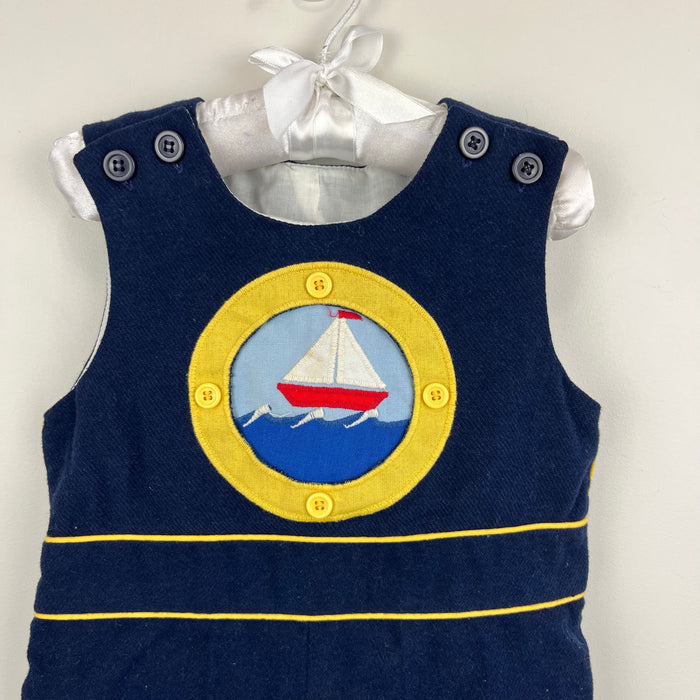 Vintage Navy Blue Sailboat Shortall Romper 2T