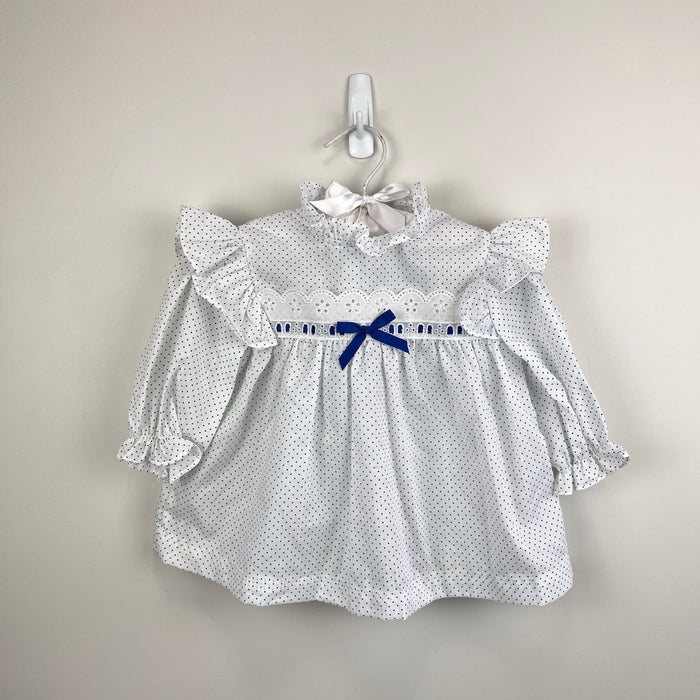 Vintage New York Kids White Navy Polka Dot Lace Bow Dress 3T USA