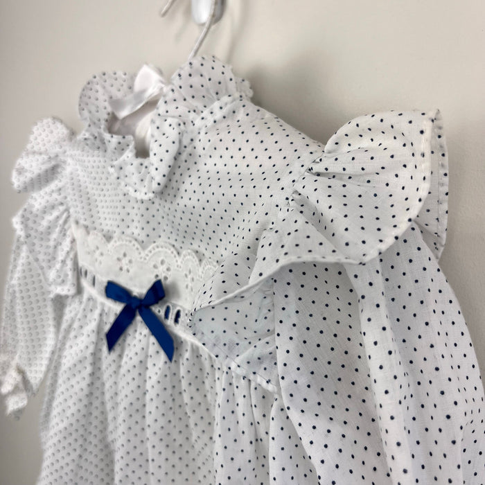 Vintage New York Kids White Navy Polka Dot Lace Bow Dress 3T USA