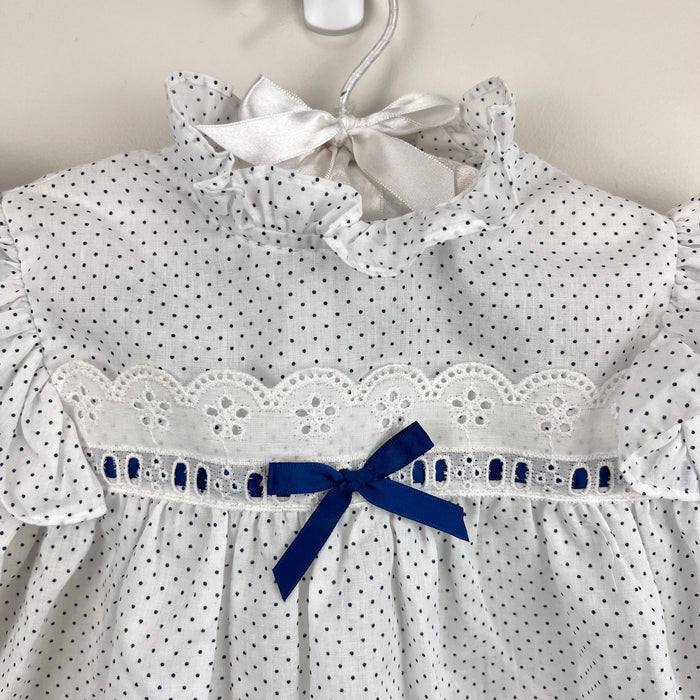 Vintage New York Kids White Navy Polka Dot Lace Bow Dress 3T USA