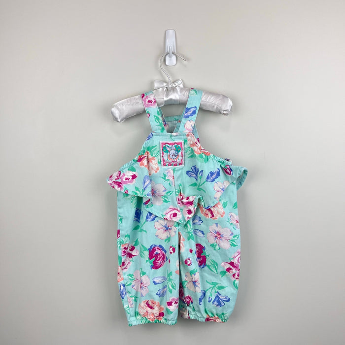Vintage OshKosh B'gosh Green Floral Ballet Co Bunny Ruffle Overalls 3-6 Months USA