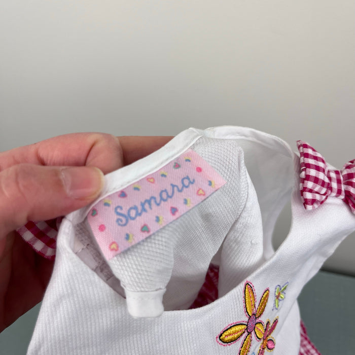 Vintage Samara Seersucker Red Gingham Flower Bow Dress Baby Girl