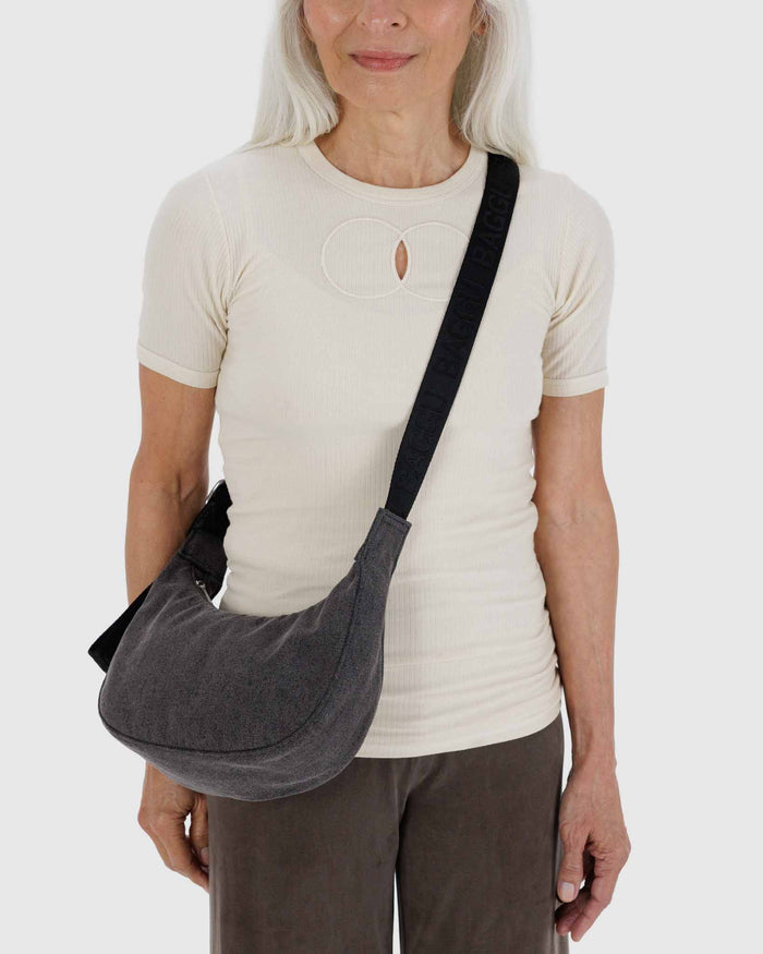 Washed Black Denim Small Crescent Bag | BAGGU | Small Nylon Crescent Bag